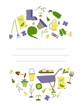 Card for notes with gardening design elements. Gradening template banner, flyer, greeting card. Hand drawn vector illustration.