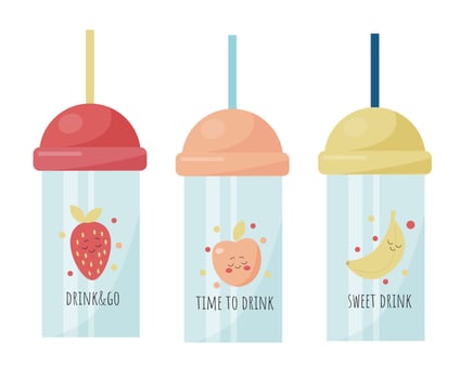 vector set with cute kids bottles for drinks with funny design - strawberry, peach, banana