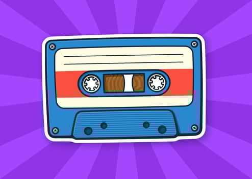 Retro audio cassette. Analog media for recording and listening to stereo music. Old-fashioned tape cassette. Sticker in cartoon style with contour vector