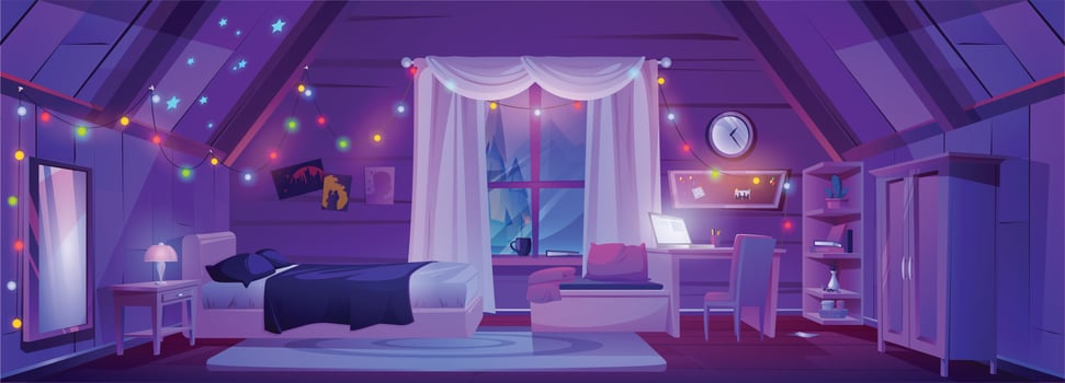 Cartoon attic room interior at night vector