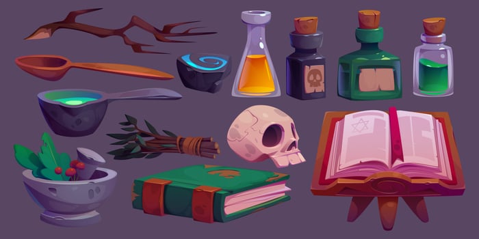 Magic potions, spell books, herbs icons vector