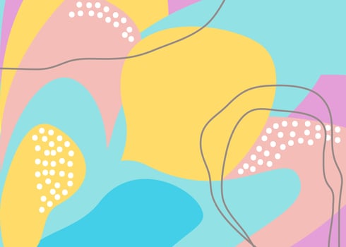 Fun hand drawn colorful shapes, doodle objects and lines, dots collage, modern trendy abstract pattern background for design. Pink yellow blue purple pastel colors vector