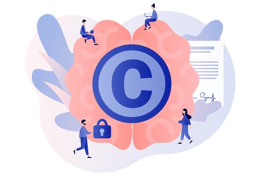 Copyright. Intellectual property. Trading data licenses. Tiny authors protecting idea's legal information with trademark. Modern flat cartoon style. Vector illustration on white background