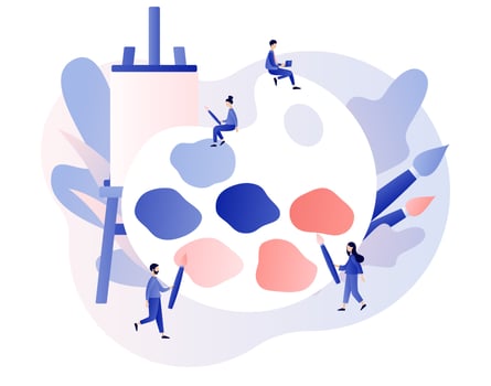 Artist. Art school or studio. Tiny people artists with big pallete, canvas on easel and brushes. Art workshop. Artist create picture. Modern flat cartoon style. Vector illustration on white background