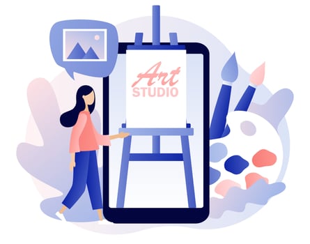 Artist. Art school or studio online. Tiny woman artist with canvas on easel on smartphone screen, pallete and brushes. Art workshop. Create picture. Modern flat cartoon style. Vector illustration