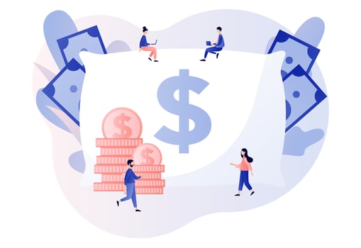 Money pillow. Tiny people growth financial. Personal finance, money savings, emergency support fund, personal capital, insurance. Modern flat cartoon style. Vector illustration on white background