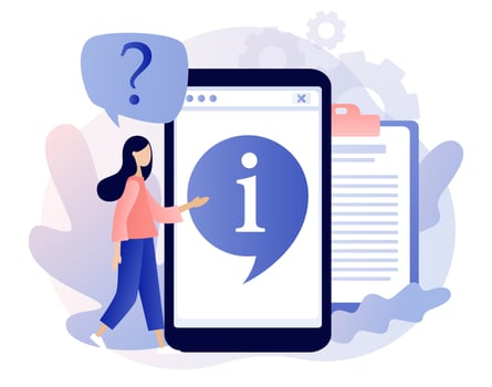 Info symbol in smartphone app. Information center online. Customer support, useful information, guides, frequently asked questions. Modern flat cartoon style. Vector illustration on white background