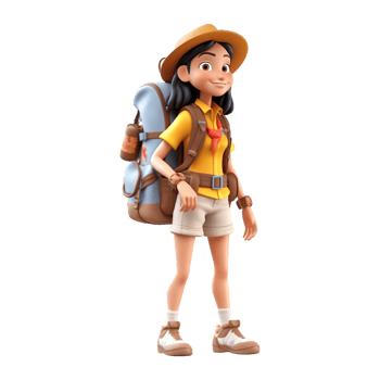 3d cute cartoon backpacker in summer holiday vacation on transparent background. png