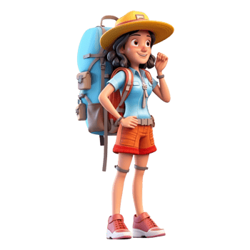 3d cute cartoon backpacker in summer holiday vacation on transparent background. png