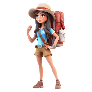 3d cute cartoon backpacker in summer holiday vacation on transparent background. png