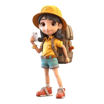 3d cute cartoon backpacker in summer holiday vacation on transparent background. png