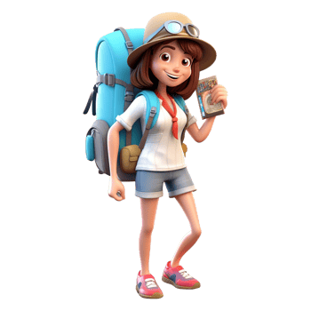 3d cute cartoon backpacker in summer holiday vacation on transparent background. png
