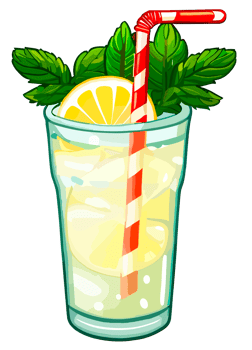 Lemonade glass with straw and mint leaves isolated. Clip art illustration style. png
