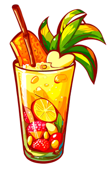 Tropical Cocktail drink with straw and fruits isolated. Clip art illustration style. png
