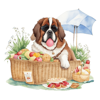 Watercolor illustration of cute dog in sunglasses sitting in a basket with food, png