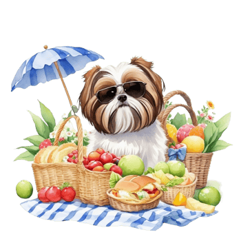 Watercolor illustration of cute dog in sunglasses sitting in a basket with food, png