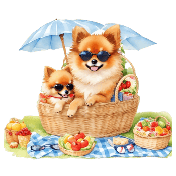 Watercolor illustration of cute dog in sunglasses sitting in a basket with food, png