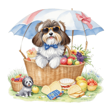 Watercolor illustration of cute dog in sunglasses sitting in a basket with food, png