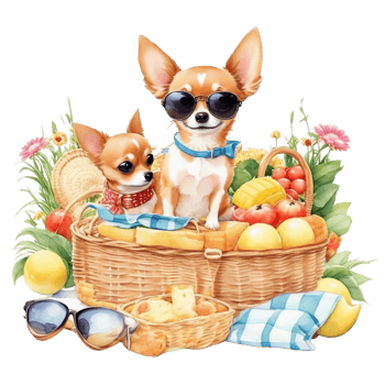 Watercolor illustration of cute dog in sunglasses sitting in a basket with food, png