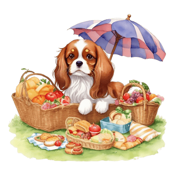 Watercolor illustration of cute dog in sunglasses sitting in a basket with food, png