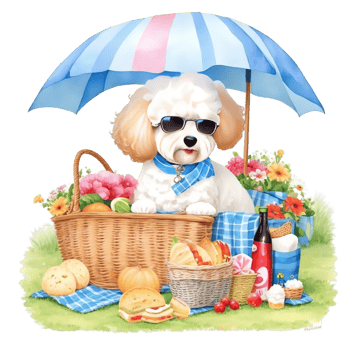 Watercolor illustration of cute dog in sunglasses sitting in a basket with food, png