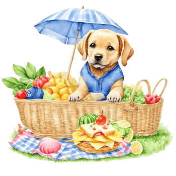Watercolor illustration of cute dog in sunglasses sitting in a basket with food, png