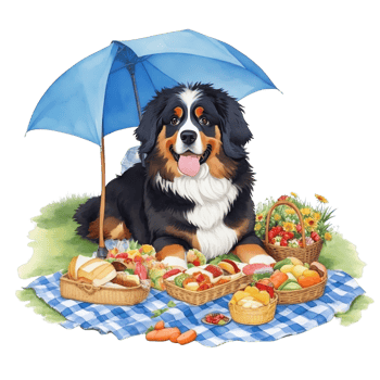 Watercolor illustration of cute dog in sunglasses sitting in a basket with food, png