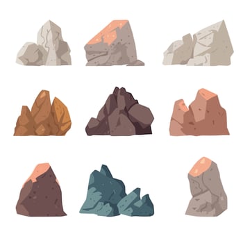 Vector illustration collection of objects, rocks, mountains, for use in nature scenes. Light tones, simple style.