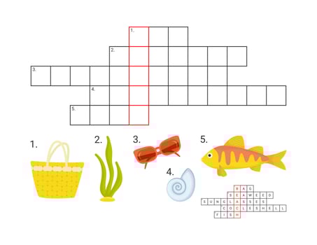 Vector illustration. Educational game for kids. Crossword puzzle. Summer, beach