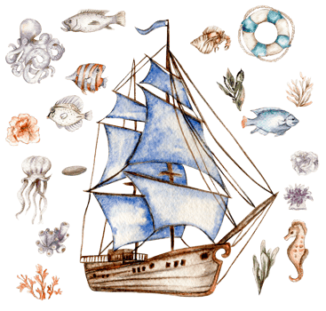 watercolor set of seashells, seahorse, starfish, bubbles . png