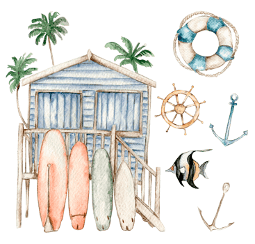 watercolor set of seashells, seahorse, starfish, bubbles png