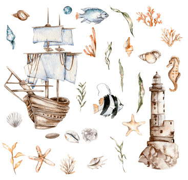 watercolor set of seashells, seahorse, starfish, bubbles png