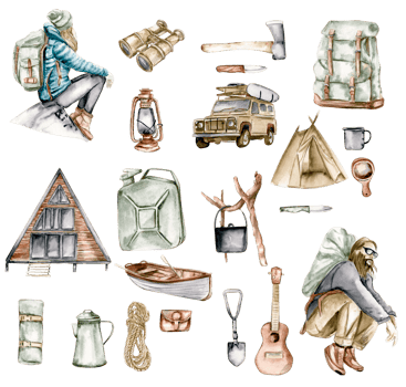 Watercolor set of traveling in the mountains with tents, climbing boots, ax, bowler hat, mug, lantern, campfire, tourist backpack png