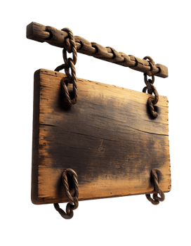 Wooden signboard hanging on the chains on transparent background, created with png