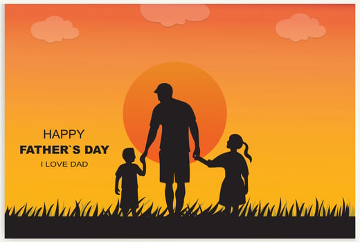 Happy Father's Day and a silhouette of father and children in the background with sun and sky. vector