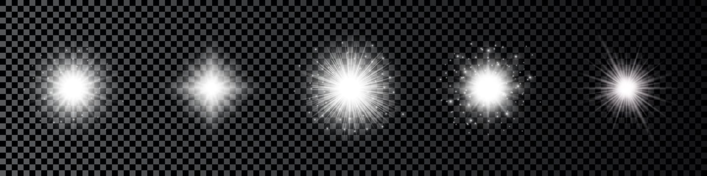 Light effect of lens flares. Set of five white glowing lights starburst effects with sparkles vector
