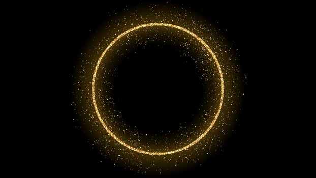Golden circle frame with glitter, sparkles and flares on dark background. Empty luxury backdrop. Vector illustration