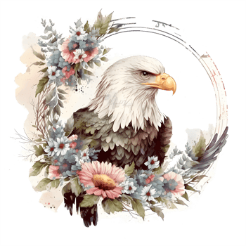 A watercolor illustration of an eagle with flowers. png