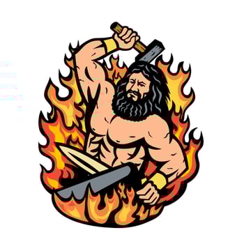 Hephaestus Greek God of Forge and Fire Wielding Blacksmith Hammer Mascot Cartoon Retro vector