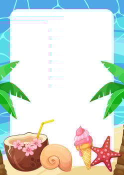 Abstract summer background with tropical palm, cocktail, ice cream. Beach theme. Vertical template, place for text. vector