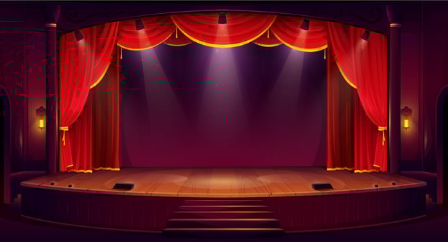 Cartoon theater stage with red curtain, spotlights vector
