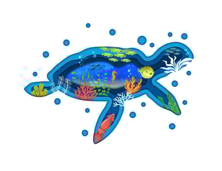 Sea turtle paper cut silhouette, ocean landscape vector