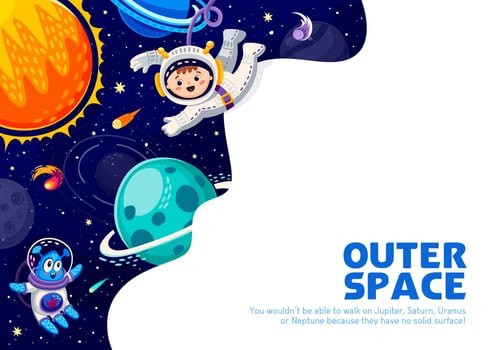Space poster with cartoon alien and kid astronaut vector