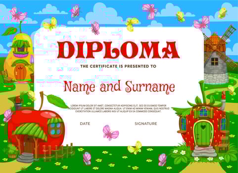 Kids diploma, fairytale magic houses and dwellings vector