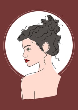 Esthetic Silhouette Girl on red Background. Portrait minimalistic style.Curl hair. Nature symbol of cosmetics. Modern continuous line art. Fashion print. Face in profile vector