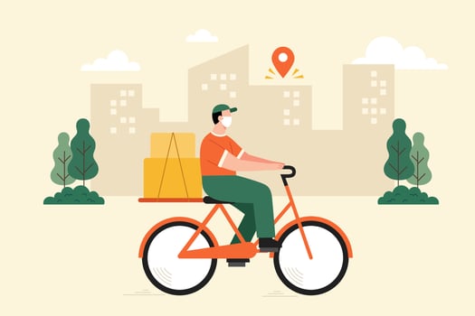 Flat illustration of courier with face mask riding bicycle to deliver package boxes. Concept of eco friendly delivery. vector