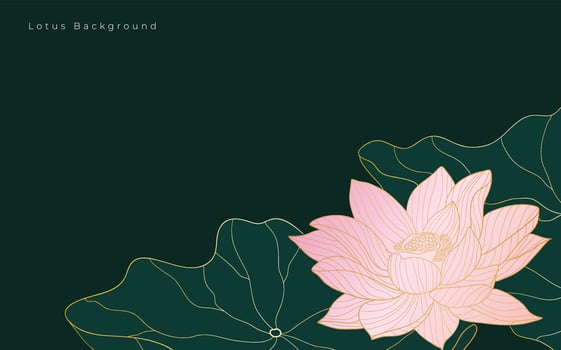 Golden Lotus line art vector in dark green background. Luxury wallpaper with lotus flower and leaves