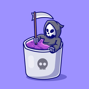 Cute Grim Reaper In Mug Cartoon Vector Icon Illustration.  People Holiday Icon Concept Isolated Premium Vector. Flat  Cartoon Style
