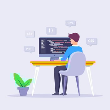Programmer working on computer. Coders or programmers writing program. Landing page for web IT courses with HTML and PHP. vector