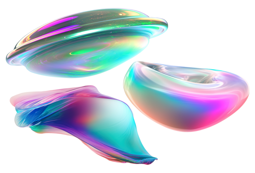 Set of abstract multicolor shapes on transparent background. Metallic holographic color. Trendy and futuristic design elements as . Iridescent cut out objects. . png